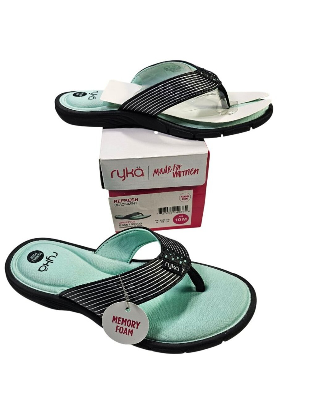 Ryka NWB Refresh Memory Foam Flip-Flop Sandals Women's Size 10M Black Mint Green - Picture 1 of 6